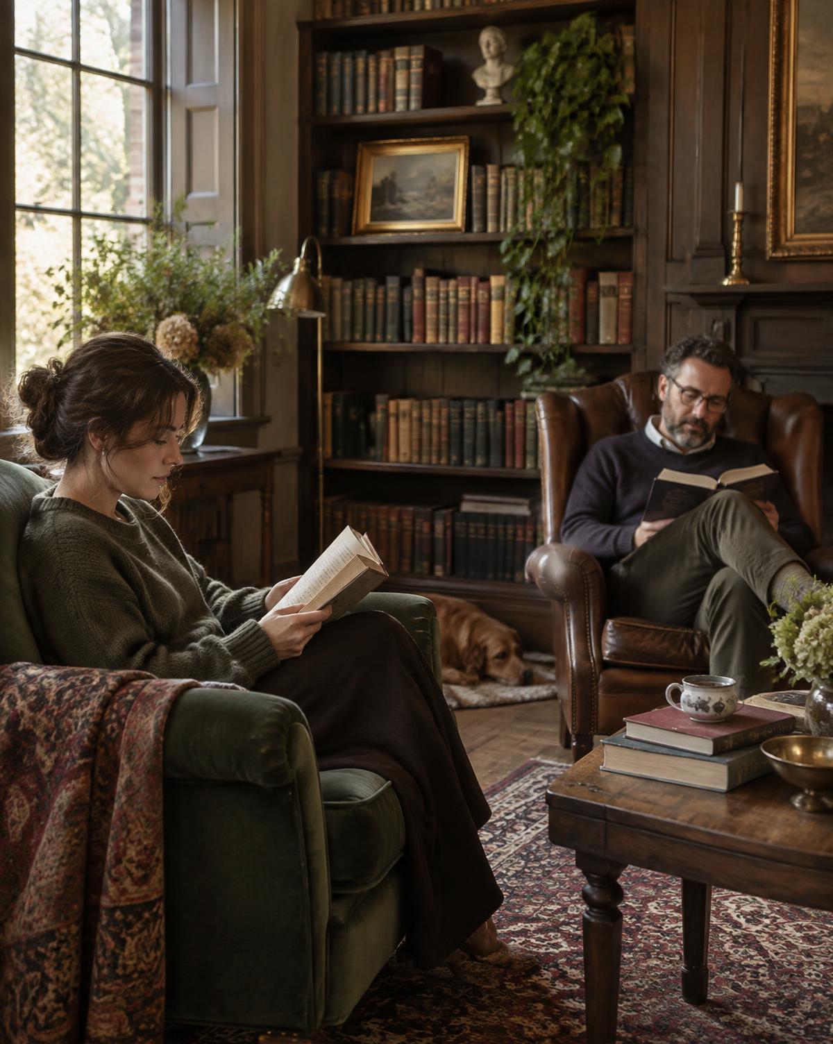Two readers enjoying separate books in the same quiet room