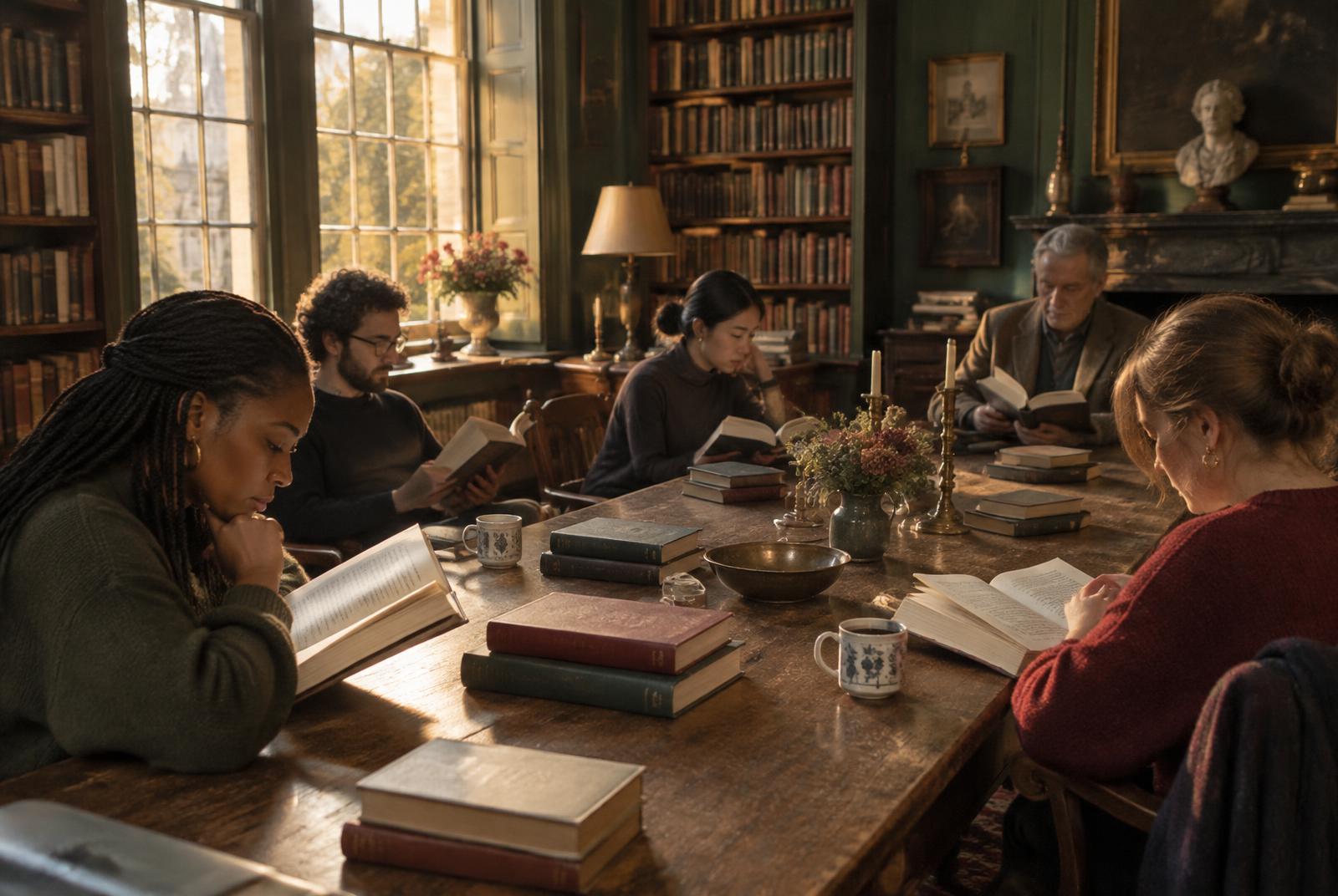 Readers gathered quietly around a long wooden library table