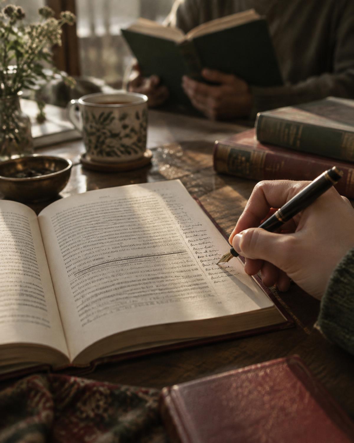 A reader writing a note in the margin of an open book